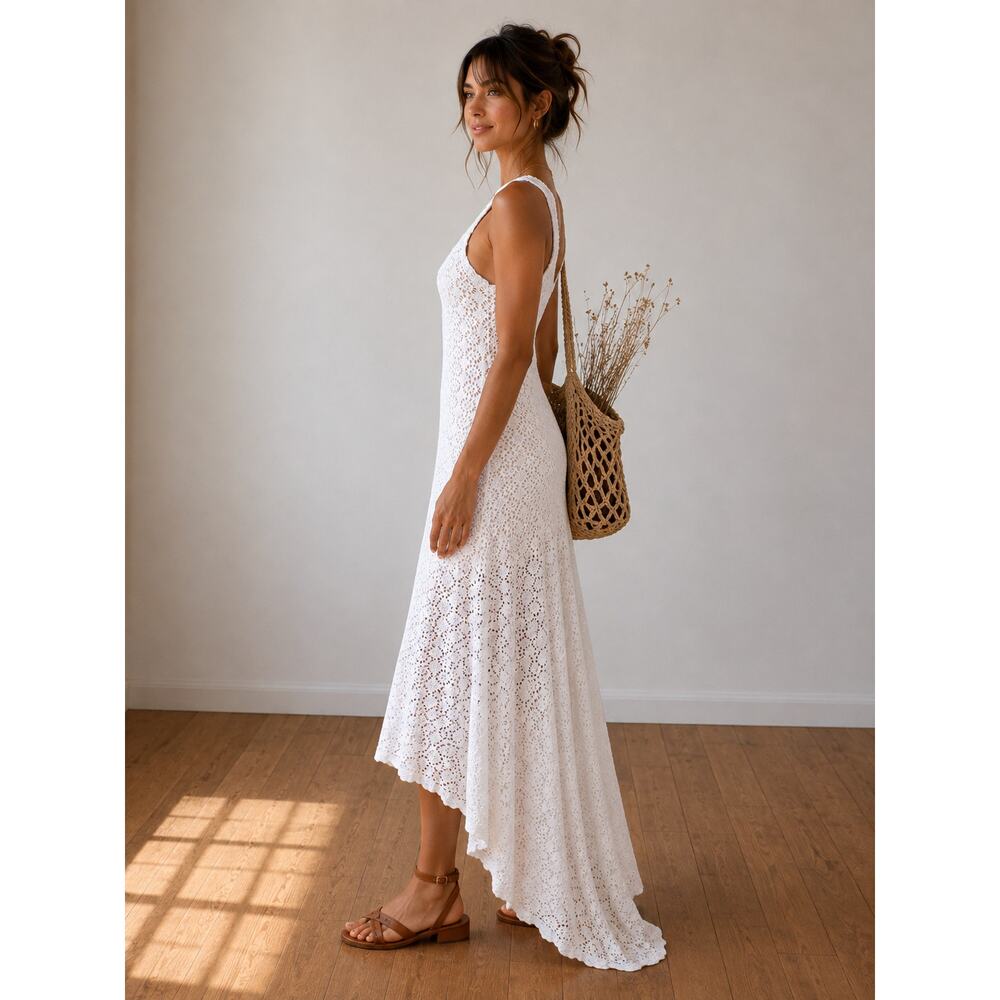 Free People Beach White Crochet Maxi Dress Racerback Cotton Boho M - Picture 3 of 10